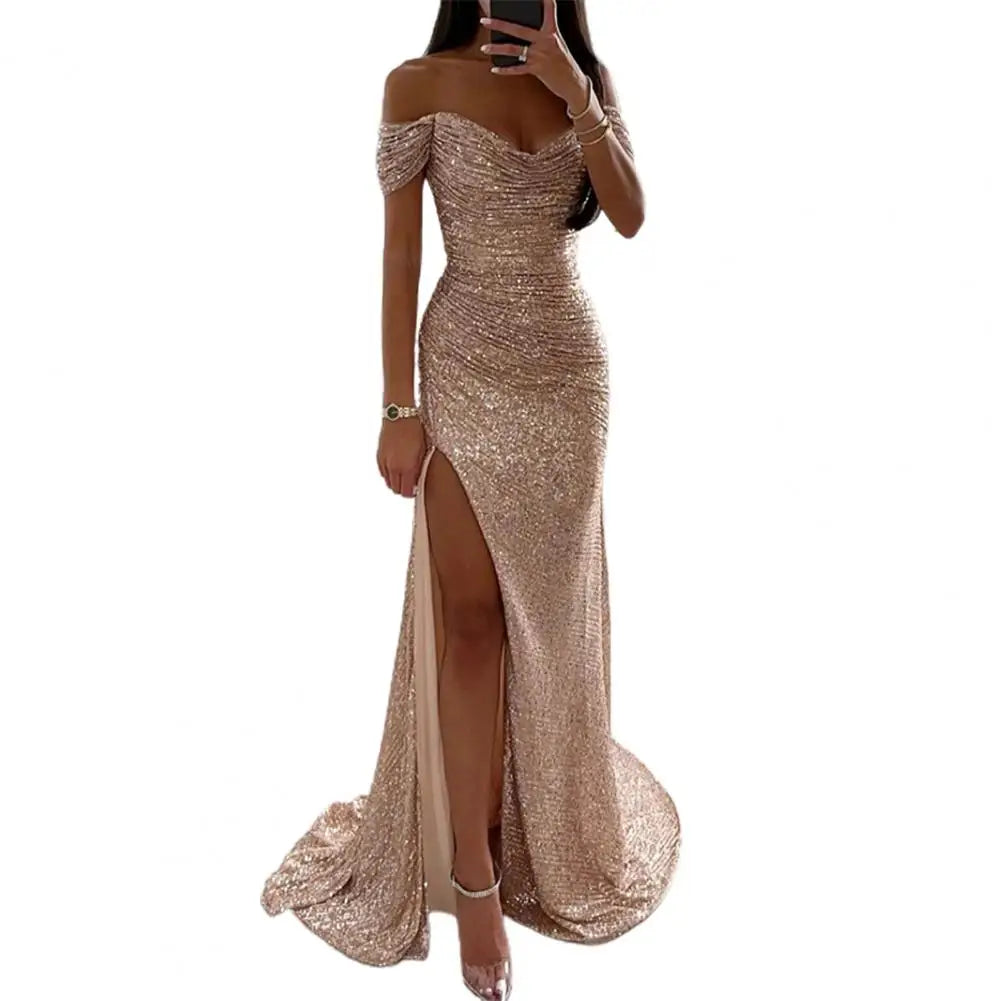 maoxiangshop-Solid Color Long Sleeve Dress Elegant Sequin V-neck Maxi Dress for Evening Party Prom Off Shoulder Slim Sexy Split Long Dress