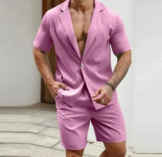 maoxiangshop 2024 American Style New Men's Stylish Sets Solid Short Sleeved Blazer Shorts Leisure Streetwear Male Suit 2 Pieces S-5XL