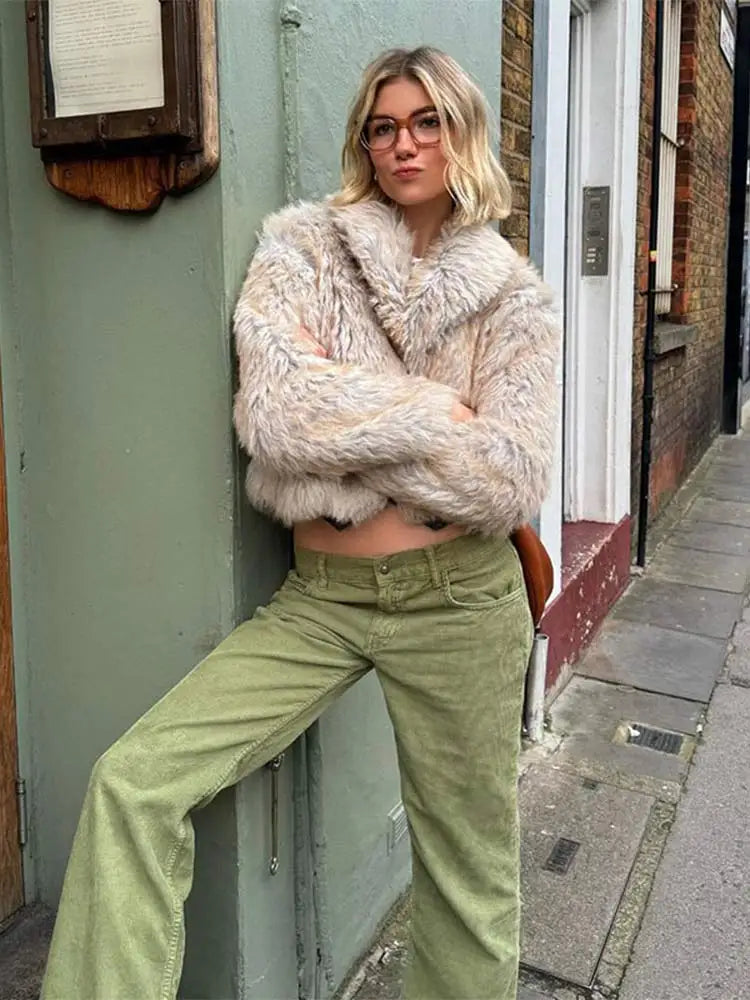 maoxiangshop  -  Women Autumn Winter Thicken Faux Fur Coat Elegant Lapel Long Sleeves Fluffy Short Overcoat Chic Lady High Street Warm Outerwear