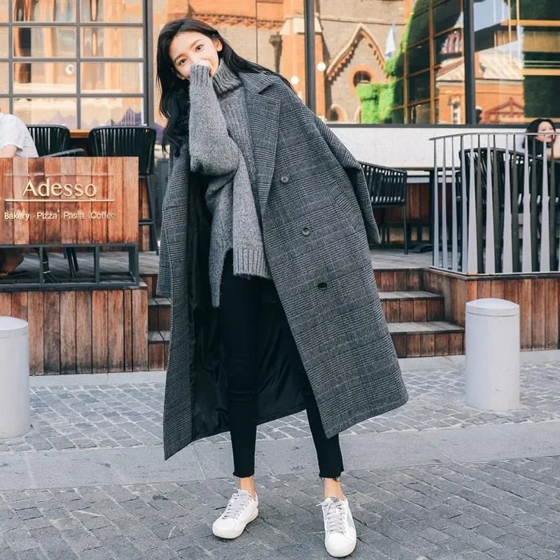 maoxiangshop Women Coat Plaid Tweed Wool Warm Long Jackets Female Overcoat Korean Fashion Outerwear Trench Coat Clothes Autumn Winter