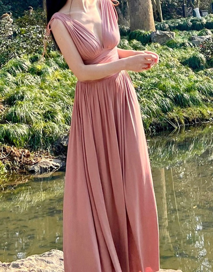 maoxiangshop France Vintage Elegant Party Long Dress Ladies Pink Summer Sexy Beach Boho Dress Women Backless Casual Retro Korean Style Dress