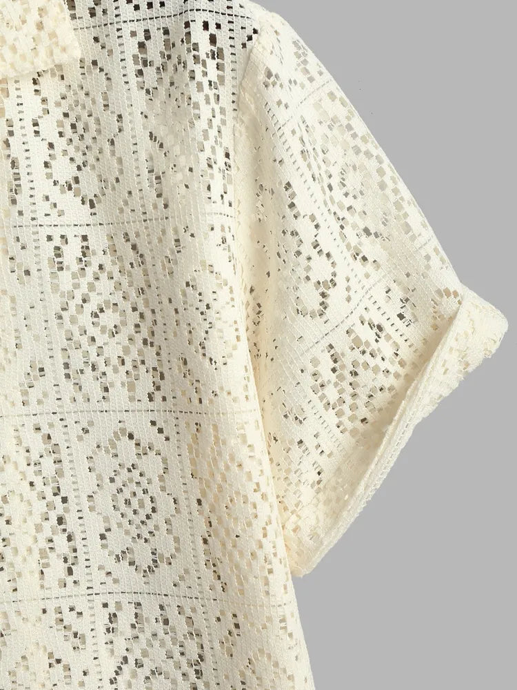 maoxiangshop Hollow Out See-through Men's Shirt Sexy Rose Pattern Short Sleeve Openwork Shirt Summer Streetwear Overshirt Tops Z5094175