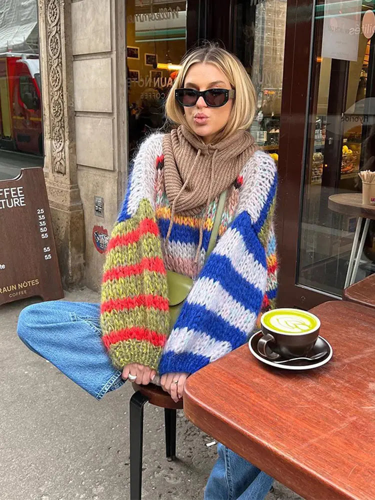 maoxiangshop  -  Casual Knitted Colorful Stripes Sweater Women Fashion O Neck Puff Long Sleeves Short Pullover Autumn Lady High Street Jumper