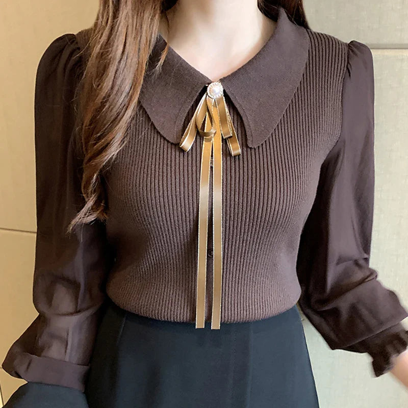 maoxiangshop Women Chiffon Patchwork Sweater Lantern Sleeve Turn-down Collar Pullover Office Lady Sweater For Women Autumn