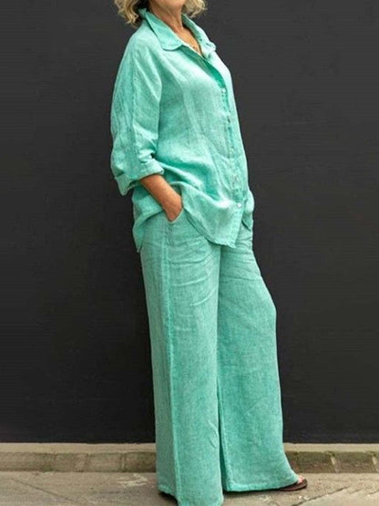 maoxiangshopWomen Cotton Linen Suits  Elegant Solid Long Sleeve Shirt Wide Leg Trousers Two Piece Set Female Casual Straight Pants Suits