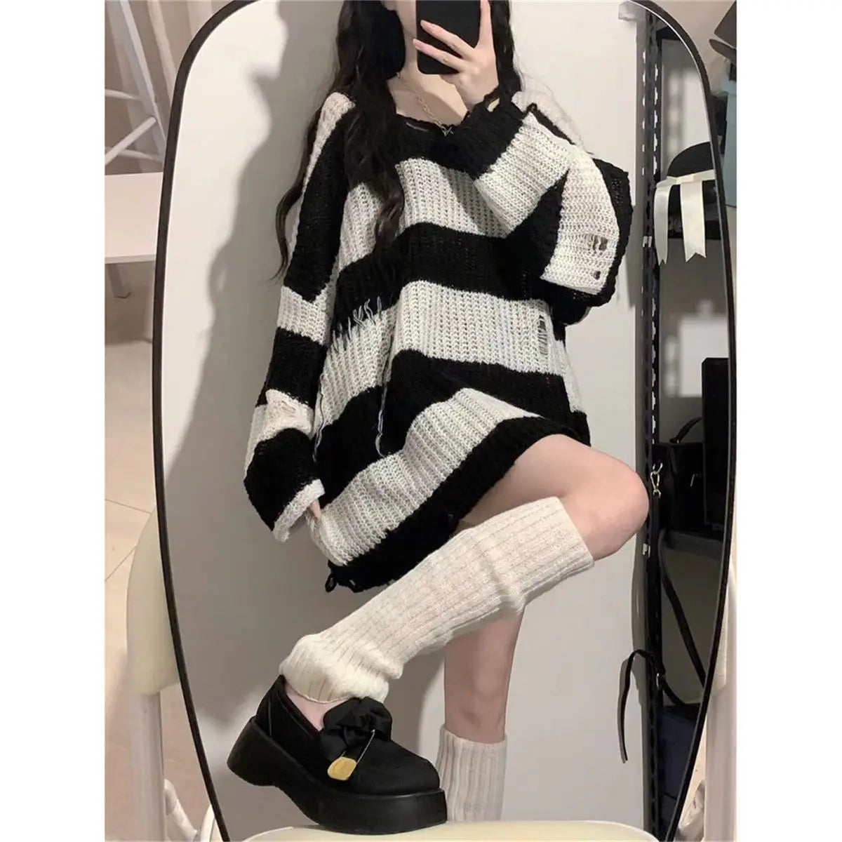 maoxiangshop Y2K Pink Striped Sweaters Women Harajuku Vintage Black Knitted Jumper Grunge Sexy Hole Hollow Out Loose All-match Tops