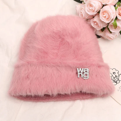 maoxiangshop New Fashion Rabbit Fur Y2k Beanies for Women Soft Warm Fluffy Angola Winter Hat Female Windproof Bonnet Hat Skullies Cap