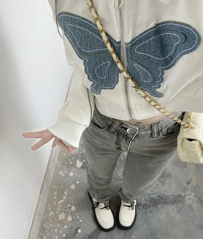 Harajuku Turn-down Collar Zip Up Jacket Women Crop Tops Y2k Vintage Butterfly Embroidery Denim Patchwork Jacket Coat Streetwear