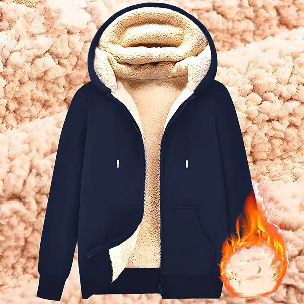 maoxiangshop Trendy Sweatshirt Coat Front Pockets Warm Zipper Lamb Wool Jacket  Men and Woman Winter Pure Color Plush Lined Cardigan Hoodie