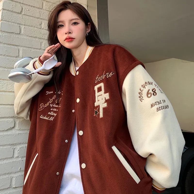 COZOK/ Embroidered Hooded Bomber Jacket Women 2023 Spring Autumn Student Couple American Retro Casual Hooded Jacket Top