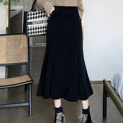 maoxiangshop Corduroy Long Mermaid Skirt Woman Autumn Winter Ruffles High Waist Midi Skirts Women Korean Back Elastic Black Skirts