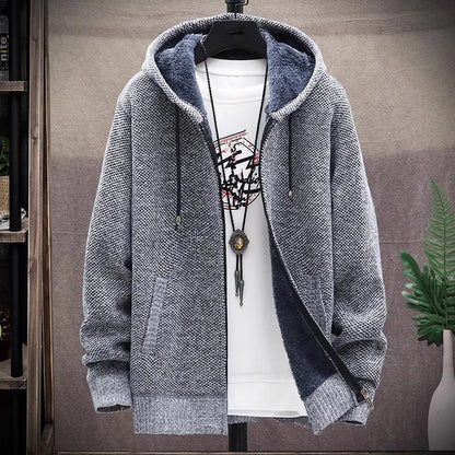 maoxiangshop Men‘s Hooded Cardigan Knitted Sweater Winter Thick Fleece Warm Casual Knitwear Coat Solid Color Cardigan Men Hooded Sweaters