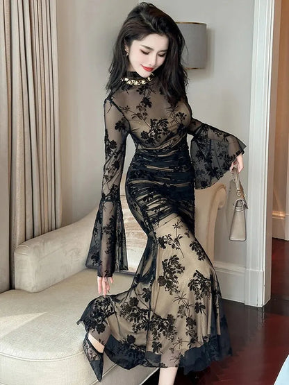 French Elegant Prom Evening Long Dress Woman Retro Black Perspective Elastic Folds Wrap Hip Fishtail Robe Female Party Vestidos