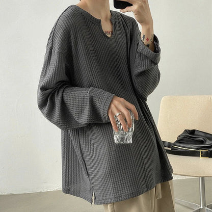 maoxiangshop Men's Retro Loose Lazy Stylish Long Sleeve T-Shirt Casual O Neck Solid Exposed Clavicle Tops Breathable Basic Shirt 2024 New