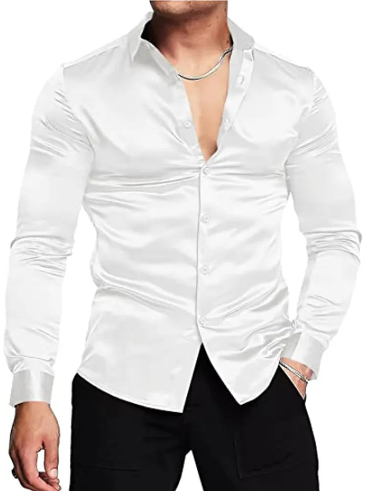 maoxiangshop Men's luxurious shiny silk satin dress shirt Long sleeved casual slim muscle button-down shirt Plus size S-3XL