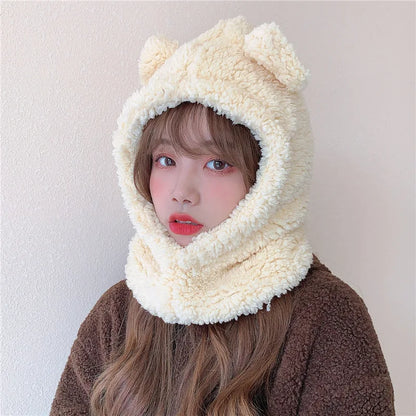 maoxiangshop Cute Bear Ear Hat Scarf Set Kawaii Women Winter Beanies Caps Warm Casual Plush Hat Casual Female Keep Wammer Anime Gift