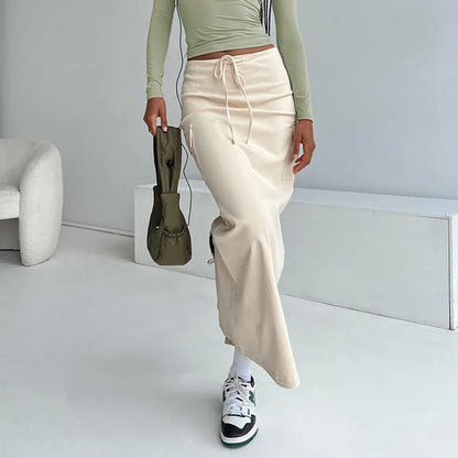 maoxiangshop  -  Lace Up Patchwork Pocket Maxi Skirt Women Low Rise Slim Autumn Temperament Commuter Slit Straight Long Skirt Streetwear