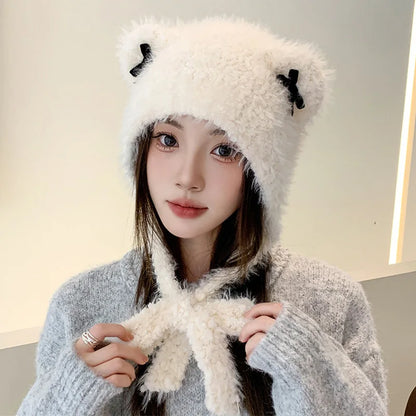 maoxiangshop  -  Winter Fur Hat Cat Women Ears Bow Knitted Beanies with Strap Outdoor Windproof Warm Thickened Bonnet Fashion Ear Protection Caps