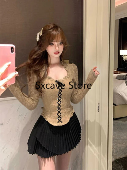 Autumn Pure Color Knitted Sweater Women Outwear Casual Long Sleeve Sexy Vintage Lace Pullovers Bodycon Y2k Blouse Korean