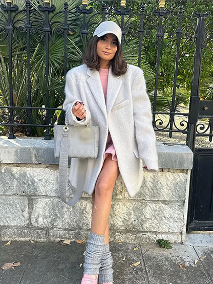 maoxiangshop -  Fashion Women Oversize Lapel Blazer Overcoat Long Sleeve Thick Woolen Coat Solid Loose Autumn Elegant Female Warm Outerwear