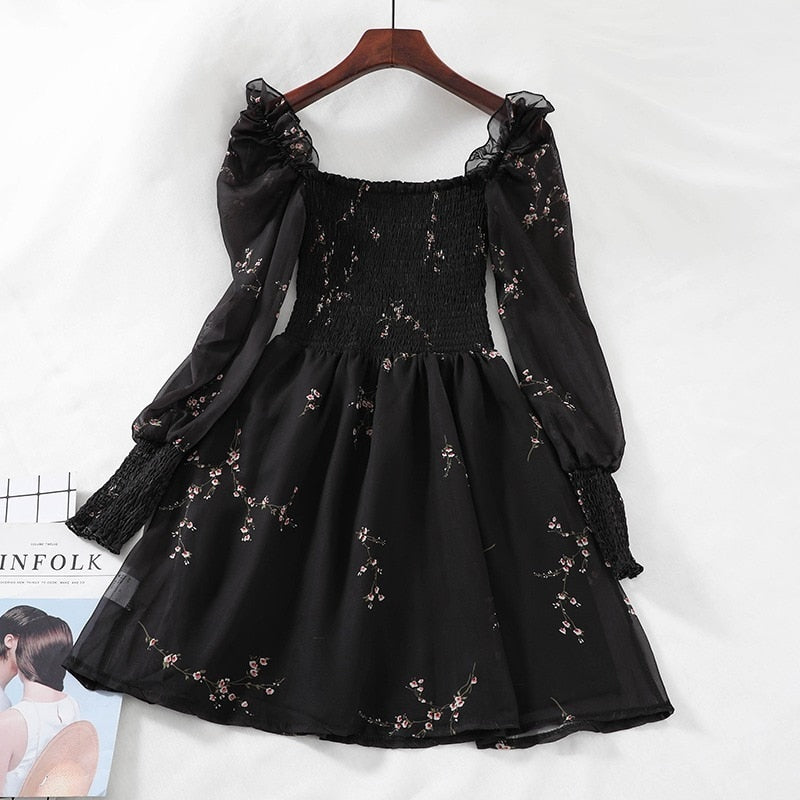 Autumn Womens Sexy Black Dress Vintage Flower Long Puff Sleeve Chiffon Dresses Korean Casual Mini Vestidos Mujer Clothes