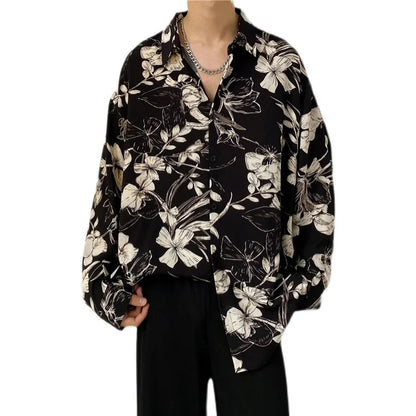 maoxiangshop Spring Black Long-sleeved Shirt Men Fashion Society Mens Dress Shirt Korean Loose Casual Flower Shirt Mens Print Shirt M-3XL