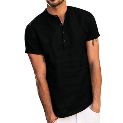 maoxiangshop 2024 New Men's Standing Collar Cotton Linen Short Sleeved Shirt Men's Designer Clothes Popular Tops for Men