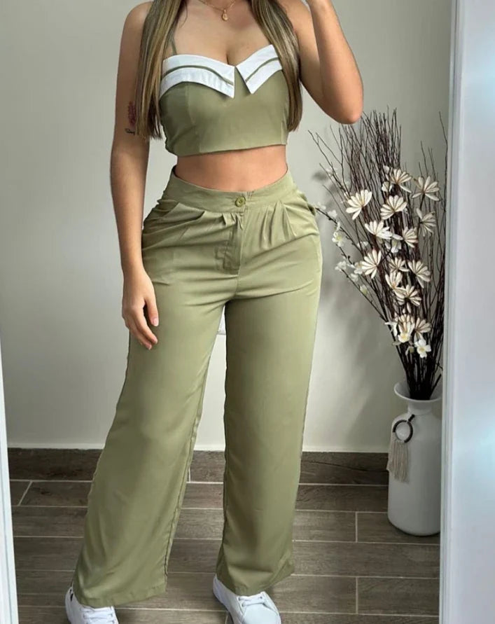 maoxiangshop Sexy Elegant Crop Cami Top & Ruched Pocket Design Pants Set Womens Two Piece Sets Outfit New Fashion 2024 Summer Casual