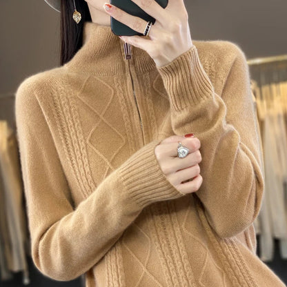 maoxiangshop 100% Merino Wool Women's Turtleneck Sweater Autumn Winter Casual Knit Loose Top Fashion Zipper Half Open Neck Cashmere Pullover