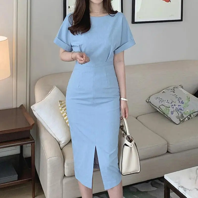 maoxiangshop Summer Dress 2024 Women Short Sleeve Casual Solid Color Elegant Midi Sundress O Neck Loose Zipper Split Party Vestidos