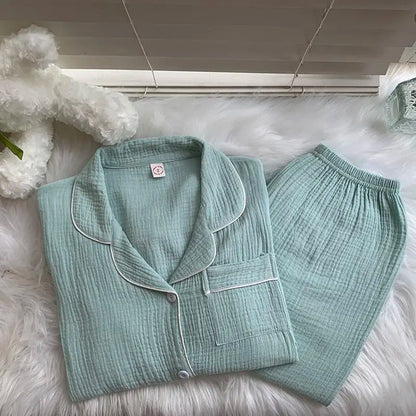 maoxiangshop  -  Cotton Double-layer Gauze Pajamas For Women's Fashion Cute Carrot Print Long Sleeve Tops + Pant Home Clothing Two-piece Set