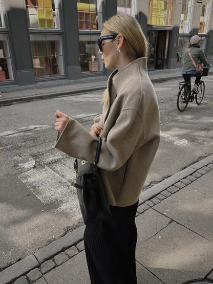 maoxiangshop  -  Elegant Women Solid Double Breasted Cotton Coat Chic Stand Collar Long Sleeves Warm Jacket Autumn Fashion Lady Commuting Outwear