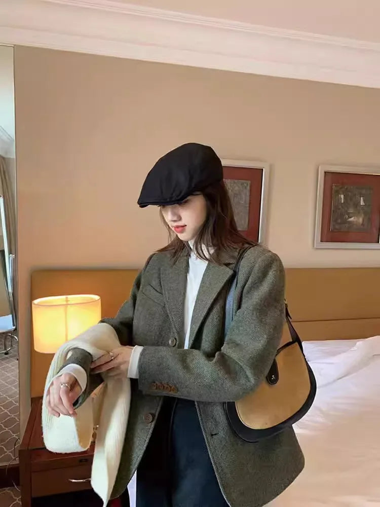 maoxiangshop  -  Retro Herringbone Patterned Suit Jacket For Women's Autumn And Winter New Style, High-Quality Loose Wool Jacket