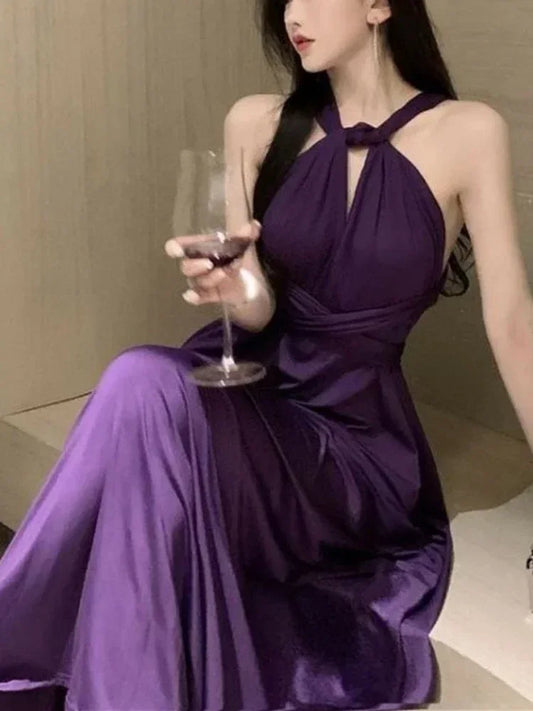 maoxiangshop Purple Sexy Party Sleeveless Dress Women Chiffon France Vintage Long Dress Female Beach Elegant Chic Backless Dress Summer