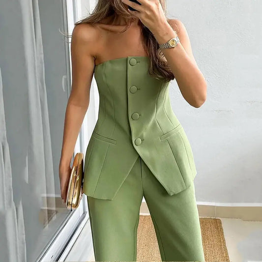 maoxiangshop Trousers Set Tube Top Trousers Set Elegant Bandeau Top High Waist Wide Leg Pants Set for Women Single Breasted Off for Office