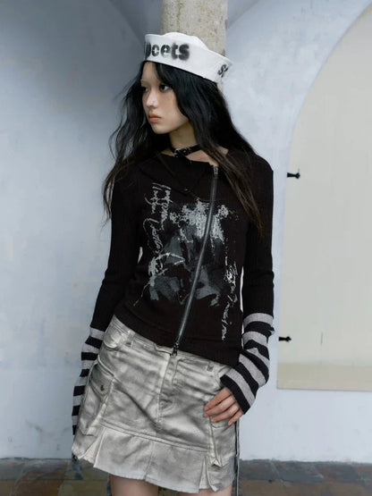 maoxiangshop Gothic Vintage Punk Hoodie Women American Retro Grunge Y2k Graphic Striped Patchwork Zipper Tees Tops Spring Chic