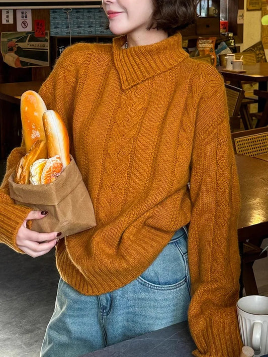maoxiangshop  -  Irregular Neckline Fried Dough Twists Sweater Women's Autumn And Winter Temperament Semi High Collar Short Knitting Top