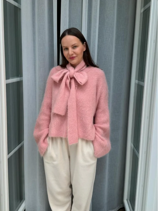 maoxiangshop  -  Elegant Knitted Pink Bow Lace Up Scarf Collar Sweater Fashion Sweet Girl Long Sleeves Pullover 2024 Autumn Chic Street Jumper