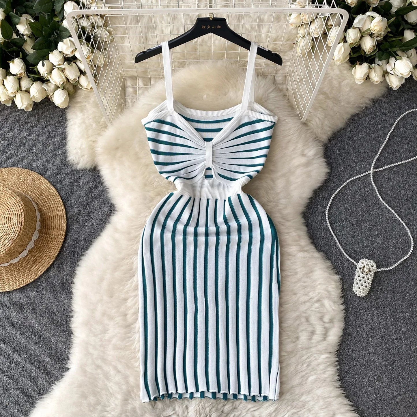 Fashion Sexy Colorful Knitted Bodycon Dress Lady Knot V-neck Slim Outfits Sundress Korean Party Mini Vestidos