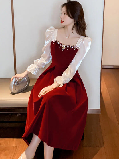 maoxiangshop Satin Luxury Elegant Dress for Wedding Women Spring Autumn Long Sleeve Bodycon Dress Korean Vintage Party Dress