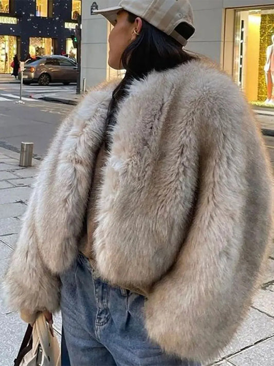 maoxiangshopCrew Neck Crop Faux Fur Women Outwear Fluffy Long Sleeve Warm Fashion Female Coat Autumn Winter Soft Streetwear Lady Tops