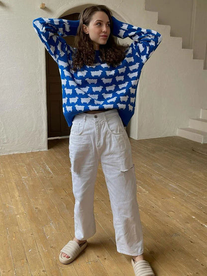 maoxiangshop  -  Elegant Women Sheep Printing Sweater Warm Knitted Classic O-Neck Pullover Tops Autumn Winter 2024 Streetwear Sweater