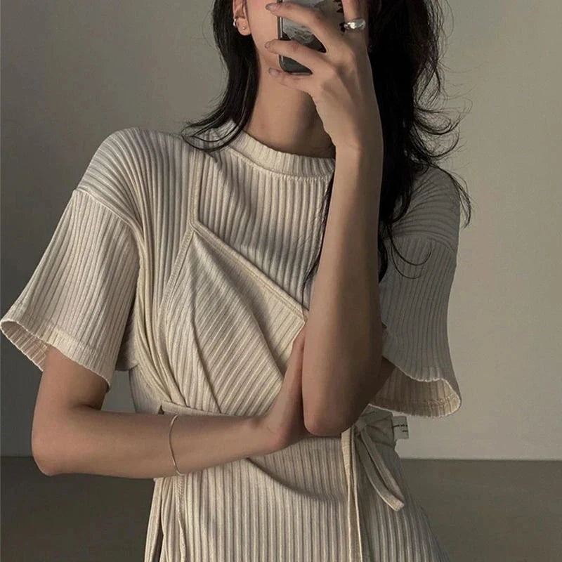 Y2K Dress Women Solid Bandage Asymmetrical Side Slit Chic Midi Dress Streetwear Simple Lace Up Casual A Line Slim Sundress