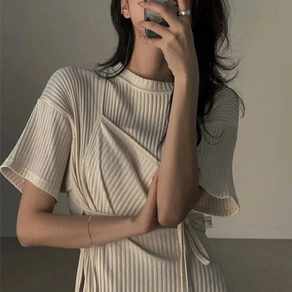 Y2K Dress Women Solid Bandage Asymmetrical Side Slit Chic Midi Dress Streetwear Simple Lace Up Casual A Line Slim Sundress