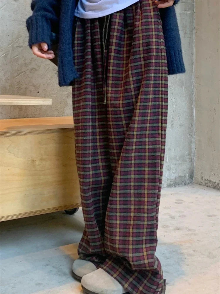 maoxiangshop  -  2024 Streetwear Sweet Plaid Pants Women Autumn Y2k Aesthetic Drawstring Casual Trousers High Waist Harajuku All Match Pantalones