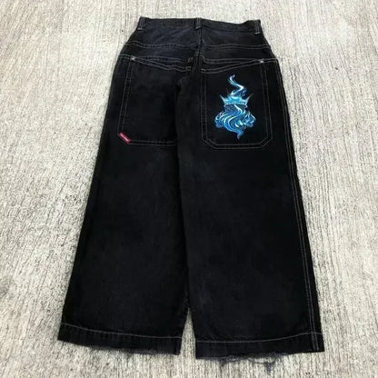 Jeans New Harajuku Hip Hop Retro Skull Graphic Embroidered Baggy Jeans Denim Pants Men Women Goth High Waist Wide Trousers