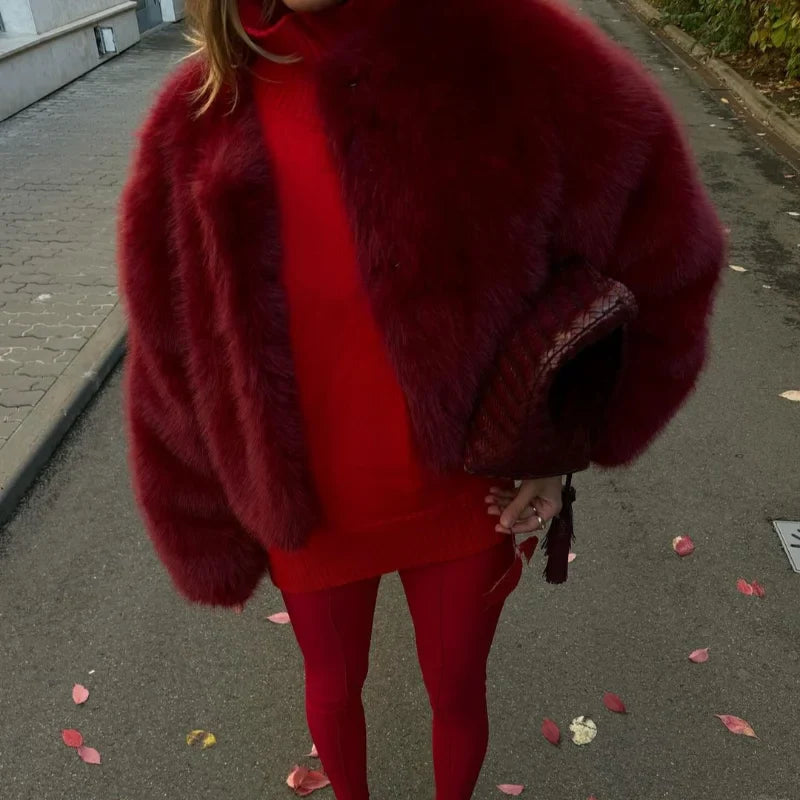 maoxiangshop  -  Short Faux Fur Coats Women Plush Autumn Winter O-neck Open Stitch Loose Women's Coat Long Sleeve Casual Jacket Female Streetwear