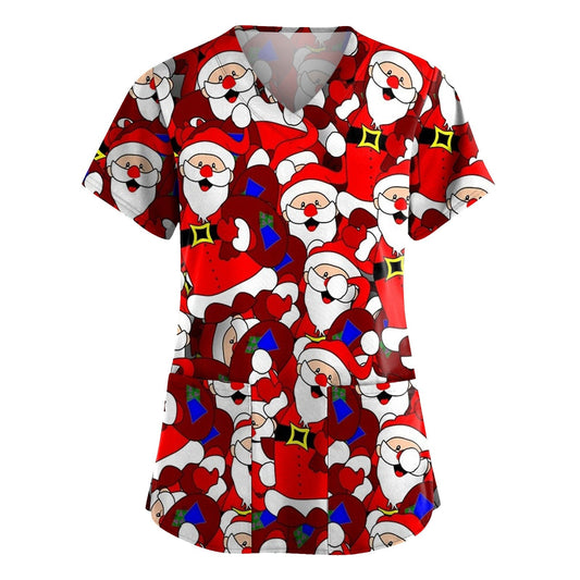 maoxiangshop Cute Cartoon Animals Print Christmas Nursing Scrubs Women Tops Short Sleeve pet salon Work Uniform Blouse Costume Shirts Female