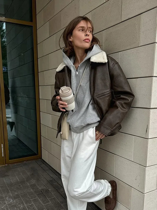 maoxiangshop  -  Solid Color Full Sleeve Zipper Faux Leather Jackets For Women Lamb Wool Lapel Demi-season Coats Autumn Warm New High Streetwear