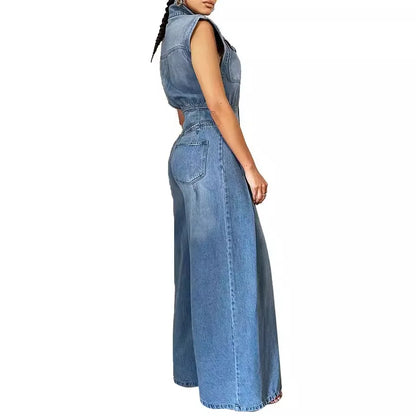 maoxiangshop Jumpsuits Women One Piece Denim Jeans Overalls Sleeveless High Waist Turn Down Collar Wide Leg Long Pants Rompers Summer 2024